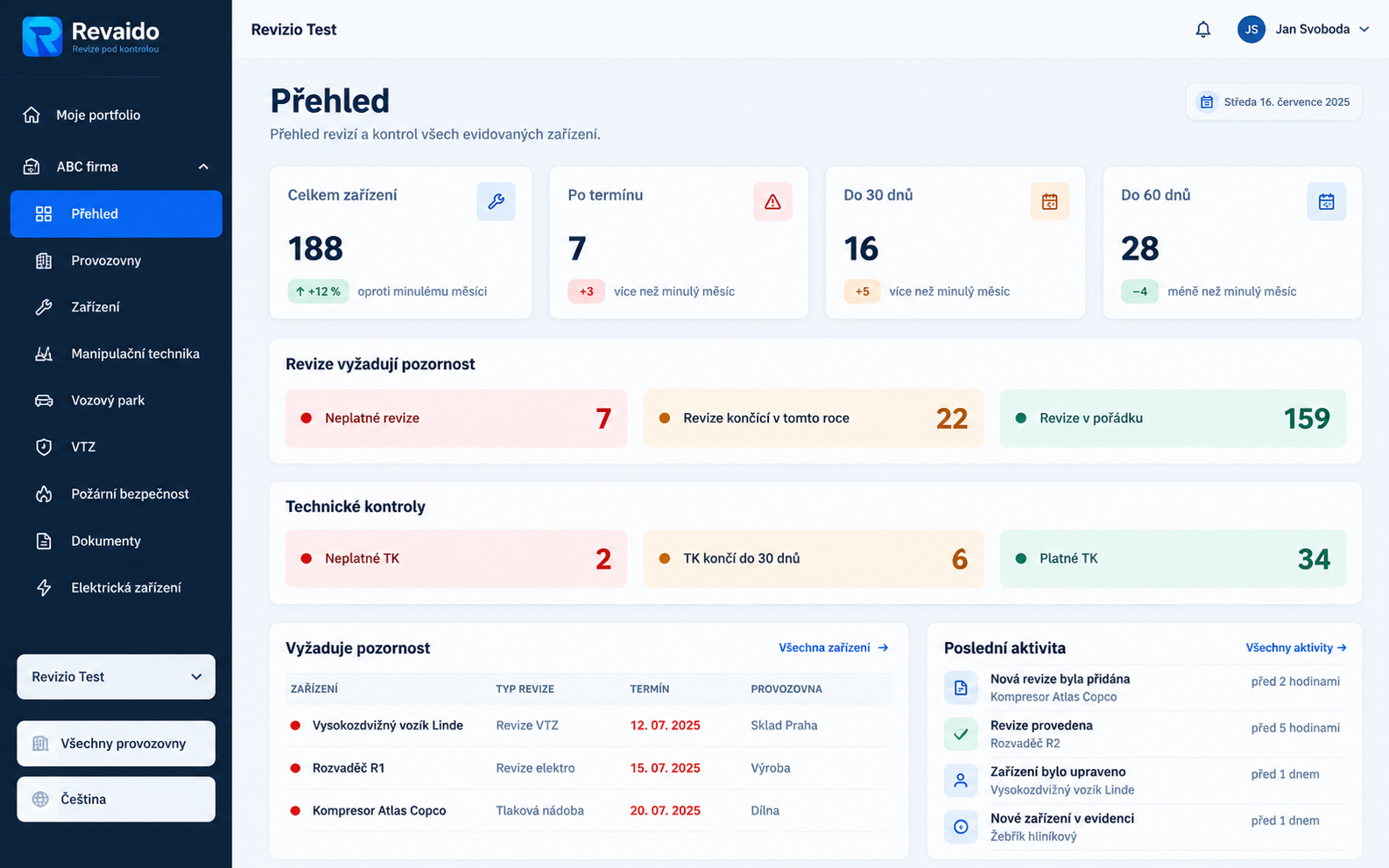 Přehled revizí a technických kontrol v systému Revaido